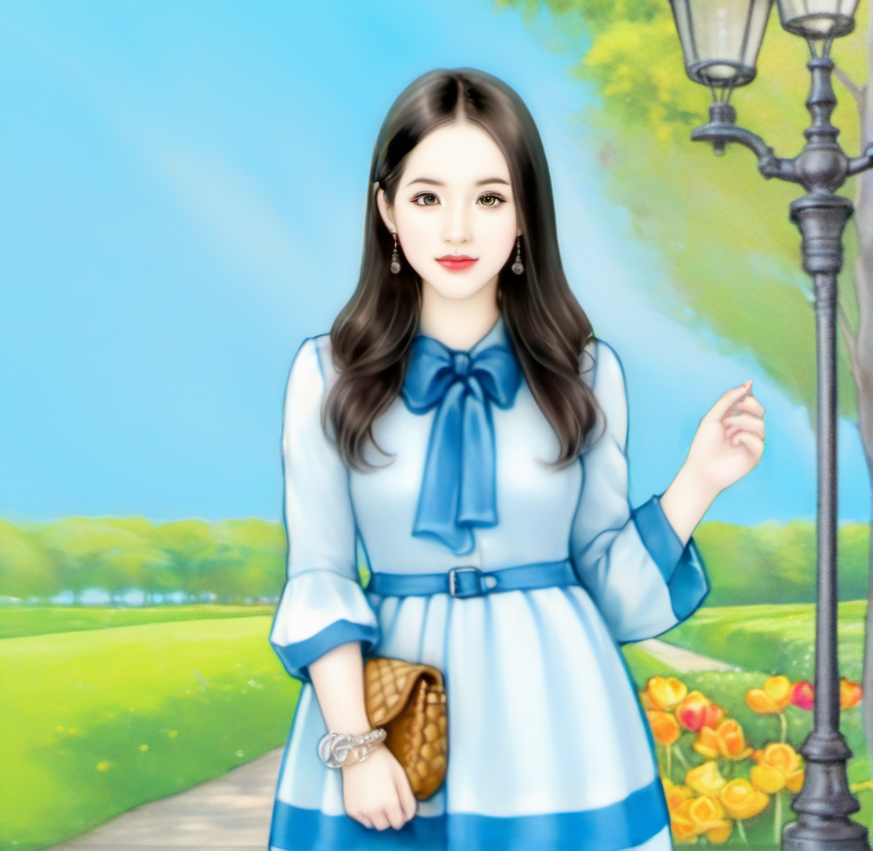 The image shows a woman in a blue and white dress standing in front of a street light, holding a bag in her hand. The background of the image is filled with lush green grass, vibrant flowers, tall trees, and a bright blue sky. <lora:å°è¯´ç«ç»-000009:0.8>,