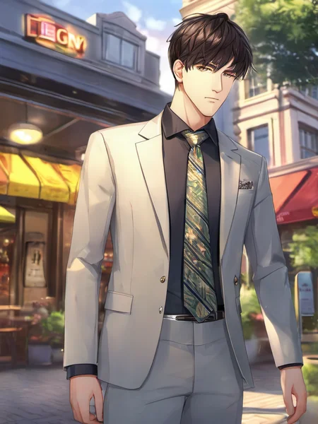 1boy, (full body,:1.2) ,outdoor, standing,
looking at the viewer,
male focus, necktie, solo, jacket, shirt ,
Lavish background decoration,
,ultra quality, (digital painting,:1.2) , cartoon, highly detailed,
, <lora:Boy_V4-000014:0.6>