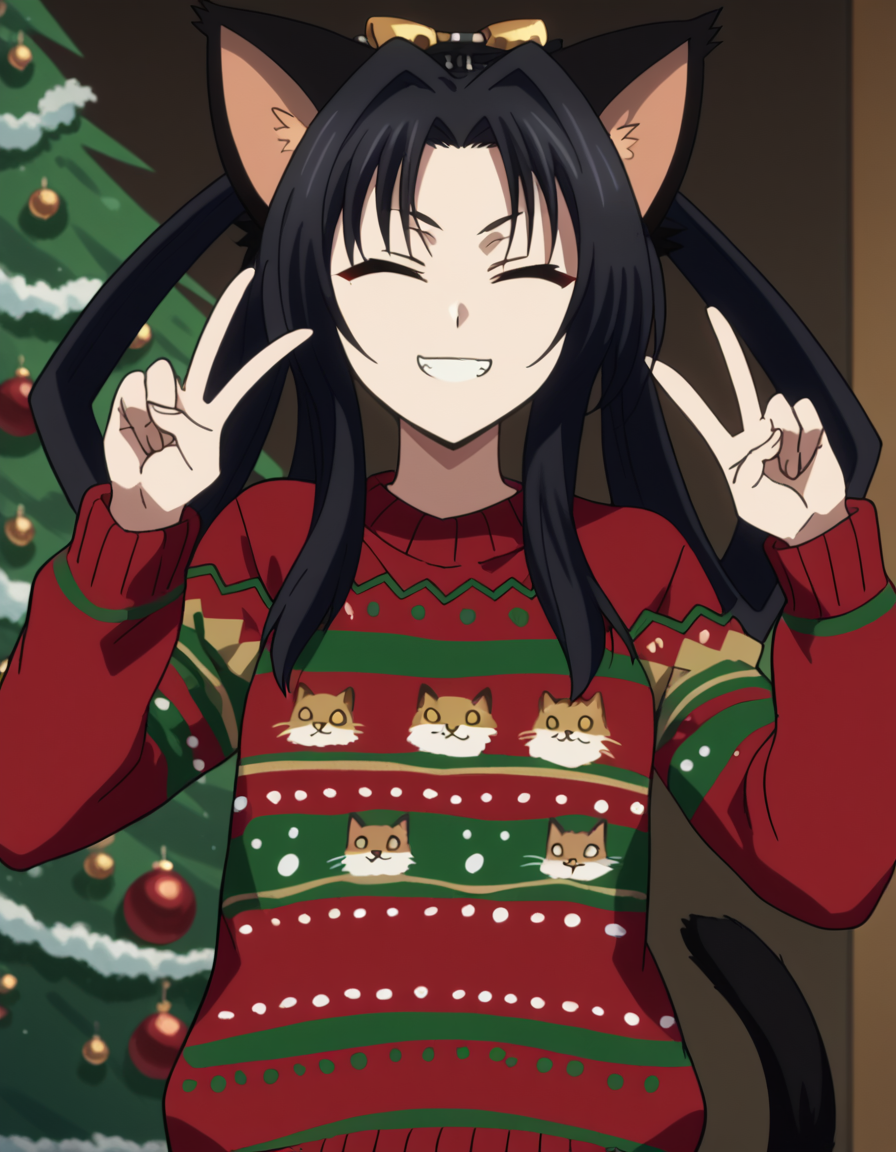 score_9, score_8_up, score_7_up, source_anime, <lora:dxd-kuroka-s3-ponyxl-lora-nochekaiser:1>, kuroka, long hair, black hair, animal ears, tail, cat ears, cat tail, multiple tails, hair rings, nekomata, yellow eyes, slit pupils, parted bangs, sidelocks, anime screencap,, <lora:christmas-sweater-ponyxl-lora-nochekaiser:1>, christmas sweater, christmas, ugly sweater, print sweater, red sweater, christmas tree, christmas ornaments, sweater, multicolored sweater, , v, smile, hands up, teeth, closed eyes, cowboy shot,, , dutch angle, cowboy shot
