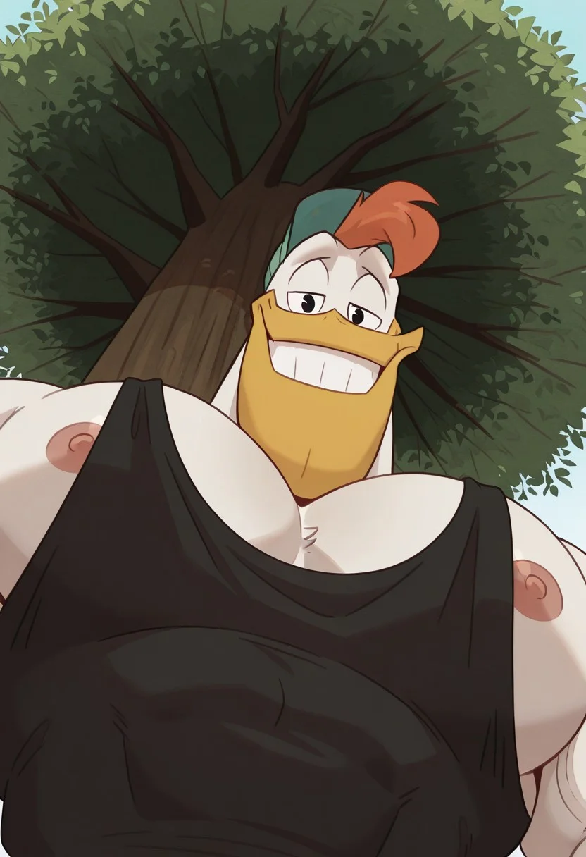 solo, 1 boy, male focus, bara, muscular, furry, Launchpad Mcquack, Duck, white feathers, yellow Beak, Orange hair, black eyes, duck feet, anthro, Teal cap, black tank top, smug, sexy smile, grin, perfect anatomy, masterpiece, perfect quality, best quality, detailed, newest, very aesthetic, detailed muscle, muscular, big pecs, Thick Pecs, juicy pecs, hyper Pecs, detailed muscle, leaning against tree, Closer against tree, outdoors, grassy, dutch angle, perfect anatomy, pec pov \(meme\), 1boy, solo, male focus, mature male, looking at viewer, looking down, from below, upper body, close-up, nipples, nipple slip, large pectorals, pectoral focus, sidepec, tank top, black tank top, muscular, muscular male, bara, simple background,