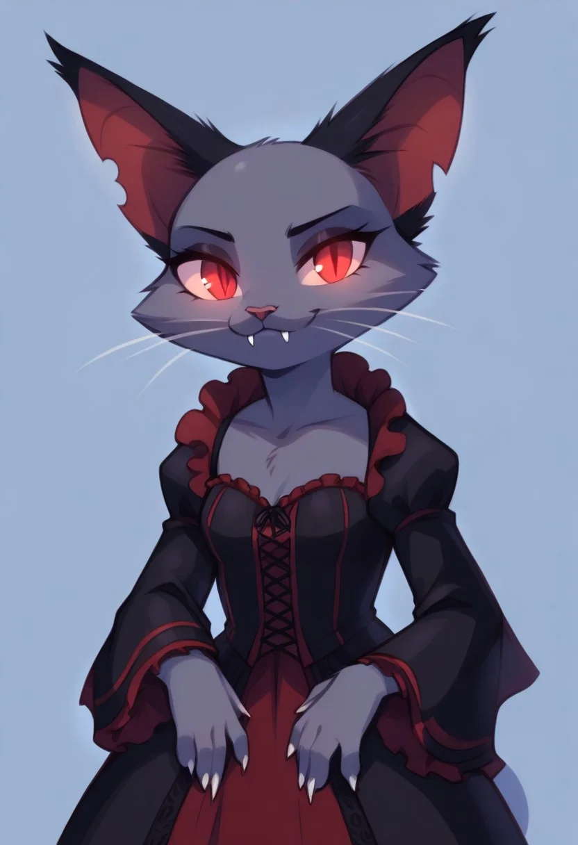 score_9, score_8_up, score_7_up, highres, high quality, perfection,
BREAK 
1girl, (solo: 2.0), girl alone, front view, cowboy shot, blue background, halloween,
BREAK 
furry female, (anthro cat girl: 1.2), cute girl, detailed fur, one-tone fur, (black fur: 1.2), (bald_girl: 1.2), (baldness: 2.0), detailed face, beautiful face, eyelashes, (red eyes: 1.2), glowing eyes, perfect eyes, detailed eyes, whiskers, small breasts, long tail, detailed hands, (chibi: 1,4),
clothed, red gothic dress, vampire cotume, gothic_lolita, lolita_fashion,
standing, posing, vampire, long vampire fangs,
BREAK
bats,