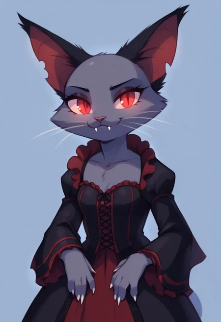 score_9, score_8_up, score_7_up, highres, high quality, perfection,
BREAK
1girl, (solo: 2.0), girl alone, front view, cowboy shot, blue background, halloween,
BREAK
furry female, (anthro cat girl: 1.2), cute girl, detailed fur, one-tone fur, (black fur: 1.2), (bald_girl: 1.2), (baldness: 2.0), detailed face, beautiful face, eyelashes, (red eyes: 1.2), glowing eyes, perfect eyes, detailed eyes, whiskers, small breasts, long tail, detailed hands, (chibi: 1,4),
clothed, red gothic dress, vampire cotume, gothic_lolita, lolita_fashion,
standing, posing, vampire, long vampire fangs,
BREAK
bats,