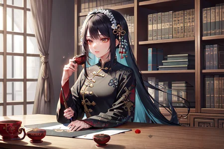 highly insanely detailed, masterpiece, top quality, best quality, highres, 4k, 8k, RAW photo, (very aesthetic, beautiful and aesthetic),
(code_style,codestyle),(sympattern,geometric pattern:1.2),
<lora:CodeStyle (half generic class)_564920:0.5>,
(1girl:1.3), 1other,
Chinese calligraphy in background,âââ