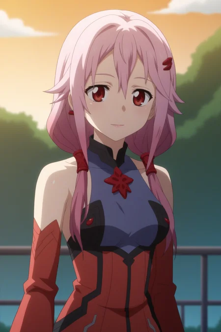 1girl,solo,yuzuriha inori,long hair,twintails,hairclip, hair ornament,bare shoulders,breasts,detached sleeves,indoors,dress,outdoors,night time, orange sky,upper body,light smile