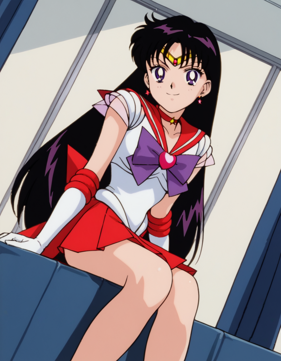 score_9, score_8_up, score_7_up, source_anime, <lora:rei-hino-supers-movie-ponyxl-lora-nochekaiser:1>, rei hino, black hair, diadem, long hair, purple eyes, parted bangs,, gloves, magical girl, microskirt, pleated skirt, red skirt, sailor senshi uniform, skirt, white gloves, bow, purple bow, sailor collar, red sailor collar,, indoors, smile, looking at viewer, solo, sitting, head rest,, cowboy shot, dutch angle