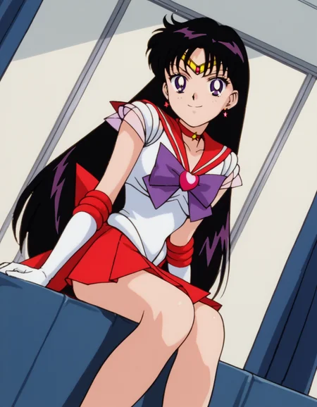 score_9, score_8_up, score_7_up, source_anime, <lora:rei-hino-supers-movie-ponyxl-lora-nochekaiser:1>, rei hino, black hair, diadem, long hair, purple eyes, parted bangs,, gloves, magical girl, microskirt, pleated skirt, red skirt, sailor senshi uniform, skirt, white gloves, bow, purple bow, sailor collar, red sailor collar,, indoors, smile, looking at viewer, solo, sitting, head rest,, cowboy shot, dutch angle