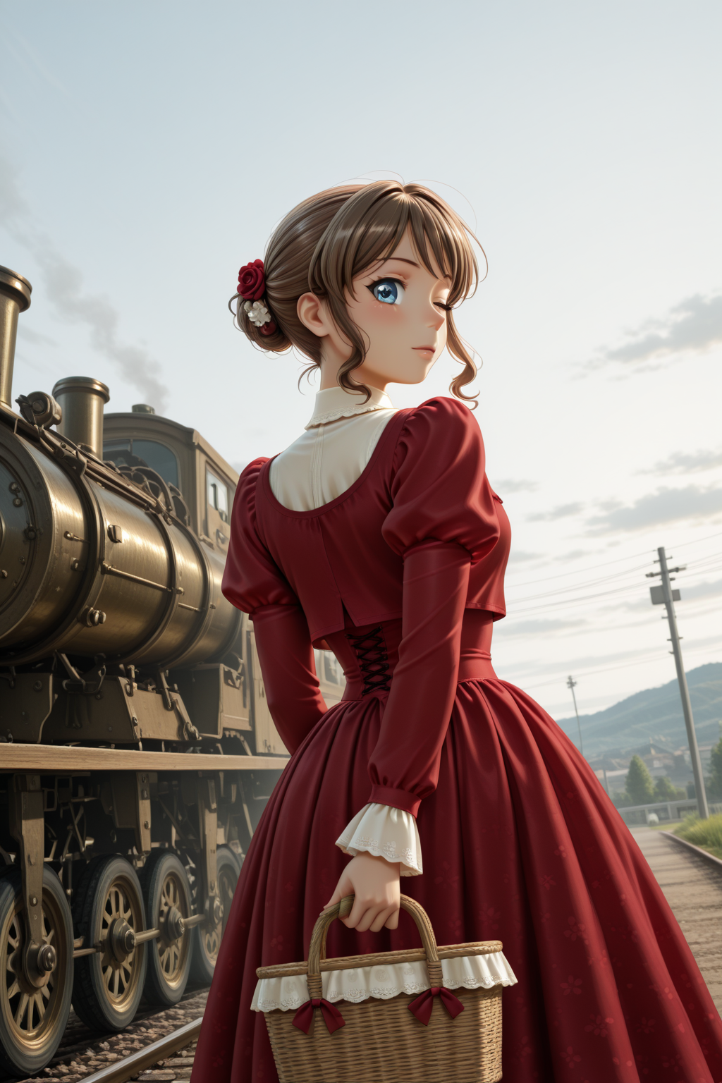 masterpiece, best quality, amazing quality, 1girl, solo, makeup, general, looking at viewer, blush, holding basket, outdoors, railroad, victorian era, steam locomotive, standing, looking back, one eye closed, cloud, sky, dutch angle, day, <lora:Yamabuki_Saaya_Ban_Dori:1>, Yamabuki_Saaya_Ban_Dori, blue eyes, brown hair, short hair, single hair bun, bow, breasts, sidelocks, hair flower, <lora:Victorian_Whim_Velvet_Dress:1>, Victorian_Whim_Velvet_Dress, long dress, red dress, puffy long sleeves, juliet sleeves, frills, red bow, red ribbon, floral print, cross-laced clothes, corset, <lora:wai-2Rectified-V140:1>, <lora:illustrious_noobai_epsilon_pred_1_masterpieces_v1:1>