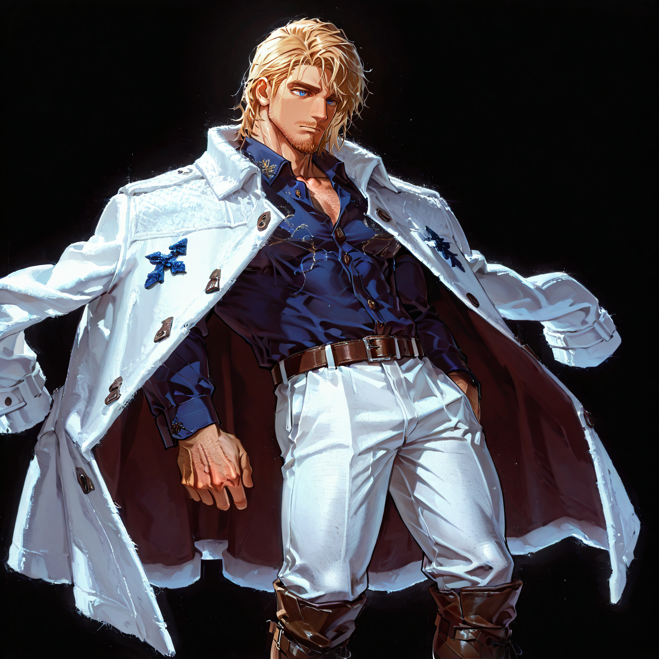 <lora:Gino__Alchemist_Code-000005:.75>tagatamegino, gino_blonde, gino_blue eyes, 1boy, short hair, solo, male focus, manly, mature male, bara, muscular male, coat, collared shirt, long sleeves, belt, pants, boots,
short hair, male focus, muscular male, muscular male, bara, mature, (hairy body, hairy, body hair, glossy skin, bara, mature, facial hair, beard, full beard, sideburn, mustache, stubble), facial hair, bara, mature, body hair, aixiwuganda_(20222192), very awa, masterpiece, best quality, absurdres, newest, perfect quality, detailed background, intricate details,, <lora:slider_Body Type_alpha1.0_rank4_noxattn_last:3><lora:Anime Summer Days 2 Style SDXL_LoRA_Pony Diffusion V6 XL:.6><lora:merged:.7>, DARK, DARK BACKGROUND, LOW-KEY LIGHTING <lora:slider_cfg_scale_boost:.7><lora:Artist6p:.55>, Artist6p, Artist04p,<lora:slider_il_contrast_slider_d1:-.25>,<lora:slider_contract_controller_illus01_v1:.3>, <lora:addon_illustriousXLv01_stabilizer_v1.121:.5>,<lora:Heavenly_Beauty_r1:1>, (heavenlybeauty,)<lora:slider_style_strength_controller_illus01_v1:.25>