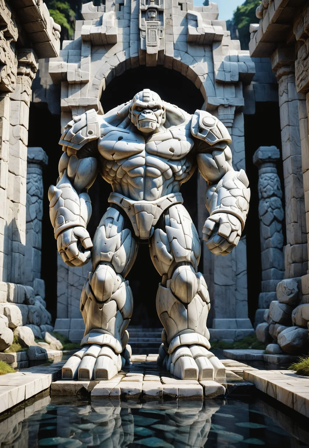 score_9, score_8_up, score_7_up, Liquid Marble golem with square head standing tall in front of a temple entrance, wide angle shot, detailed realistic photo