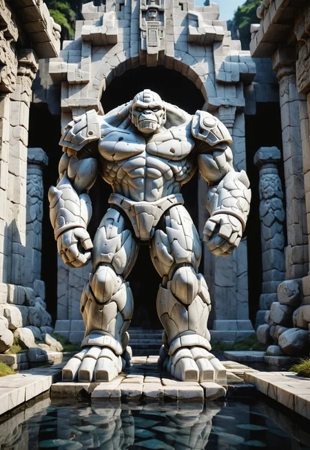 score_9, score_8_up, score_7_up, Liquid Marble golem with square head standing tall in front of a temple entrance, wide angle shot, detailed realistic photo
