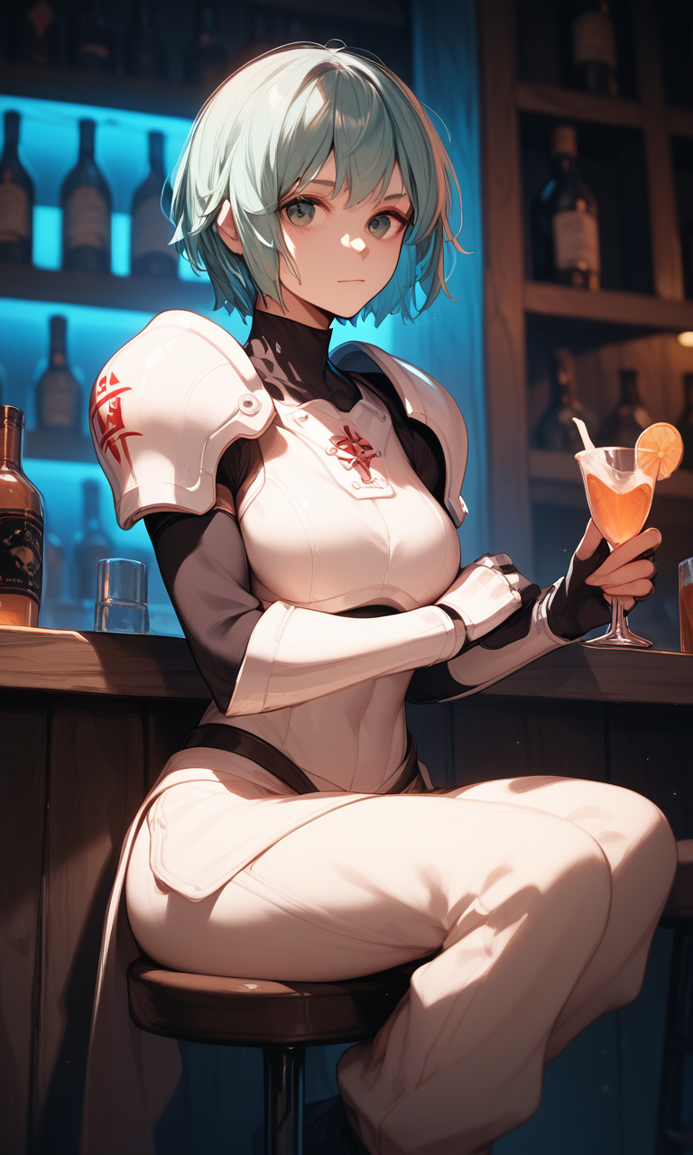 (score_9,score_8_up,score_7_up,score_6_up,score_5_up),1girl, (sei asagiri), white armor, solo, short hair, looking at viewer, closed mouth, bar \(place\), night, bar stool, alcohol, sitting <lora:VA-11 Hall-A-xl-blend:1>