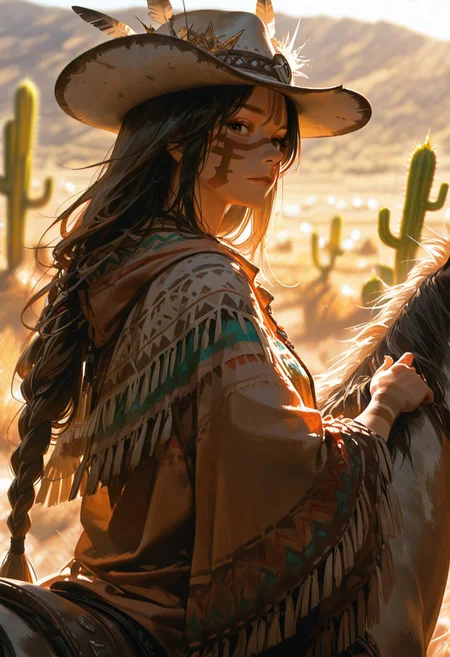 masterpiece, ultra-HD, cinematic lighting, photorealistic, impressionism (1.5), high detail, depth of field, (blurred background), (dramatic lighting),masterpiece, best quality, very aesthetic,8k,masterpiece, best quality,realistic, masterpiece, best quality, 8k,, usnr, 
sunlight, 1 girl , solo , poncho , cowboy hat , voluptuous , riding horse, native american, tanned skin, face painting, trical tattoo, feather crown, cross_hairs ,braided long hair , dark hair, looking at viewer, dessert background, cactus, dune, masterpiece, best quality , side lighting