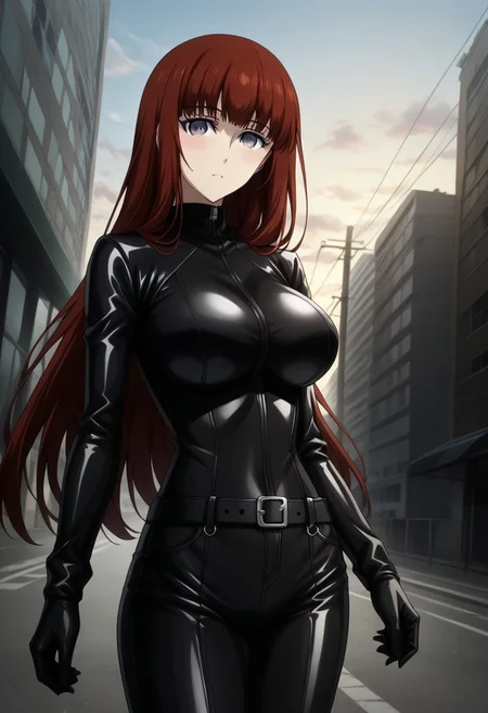 Ultra-high-detailed Anime illustration of Kagari Shiina. The artwork features Kagari in a solo, standing position with a outdoors, street background. 
She is depicted with intricate details showcasing her big breasts, natural breasts. She is a white skinned, 22 years old woman. Kagari is looking at viewer with perfect eyes, Her pupils are highly detailed. The eyes are open. grey eyes. Kagari's eyes are highlighted. Highlighted eyevrows. 
She has long hair, red colored hair, styled in floating hair with bangs.
She is wearing a motorcycle suit, black motorcycle suit, full body motorcycle suit with black gloves, black belt and black shoes. 
The artistic style is intricate_details_xl with a focus on Anime artstyle. The color palette emphasizes red and black with detailed strokes to bring out the character's features. The lighting creates dramatic shadows and highlights, adding depth to the artwork. The perspective is from a dutch angle to enhance the impact of the character's expression. This masterpiece is a true portrayal of Kagari's complex personality and will captivate any fan of Kagari. Kagari Shiina, close up