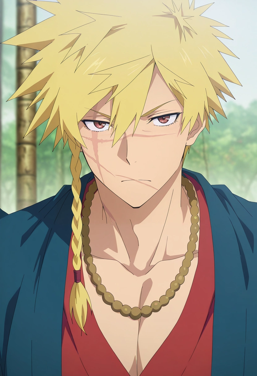 masterpiece, best quality, , anime screencap, , , looking at viewer, 1boy, solo, male focus, <lora:choubei_aza_ilxl:0.94>, choubei_aza, blonde hair, brown eyes, long hair, braid, spiked hair, scar, scar on face, necklace, ,