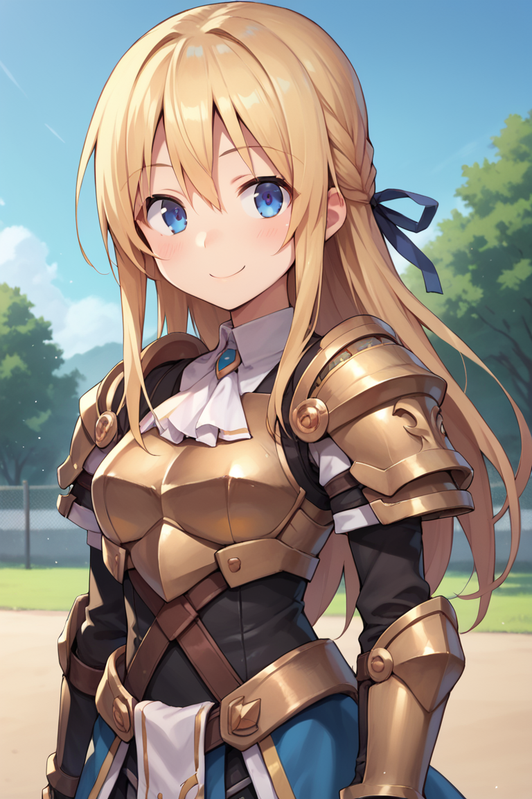 score_9, score_8_up, score_7_up, score_6_up, source_anime, BREAK, <lora:Yggdra:0.9> , yggdef, 1girl, blonde hair, long hair, blue eyes, hair ribbon, ascot, ((armor)), solo, smile, exterior, barracks, training grounds, cowboy shot, looking at viewer,  <lora:backgroundsetXL:0.3> , background,