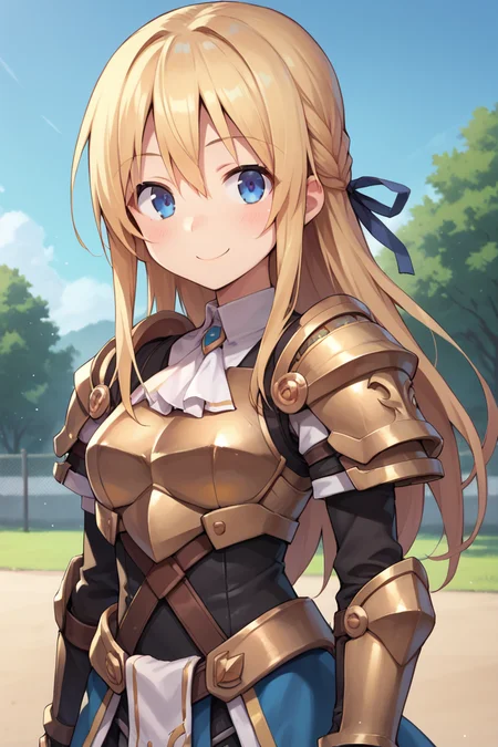 score_9, score_8_up, score_7_up, score_6_up, source_anime, BREAK, <lora:Yggdra:0.9> , yggdef, 1girl, blonde hair, long hair, blue eyes, hair ribbon, ascot, ((armor)), solo, smile, exterior, barracks, training grounds, cowboy shot, looking at viewer, <lora:backgroundsetXL:0.3> , background,