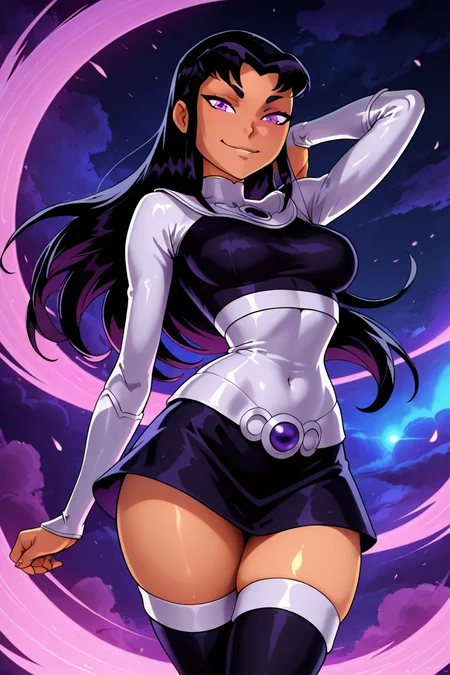 masterpiece, best quality, solo, curvy, beautiful eyes,zzBlkFr, purple eyes, black hair, long hair, long sleeves, thighhighs, skirt, <lora:BlackfireDCIXL_v2:1.0>, dynamic pose, cowboy shot, smile, looking at viewer, shiny skin,