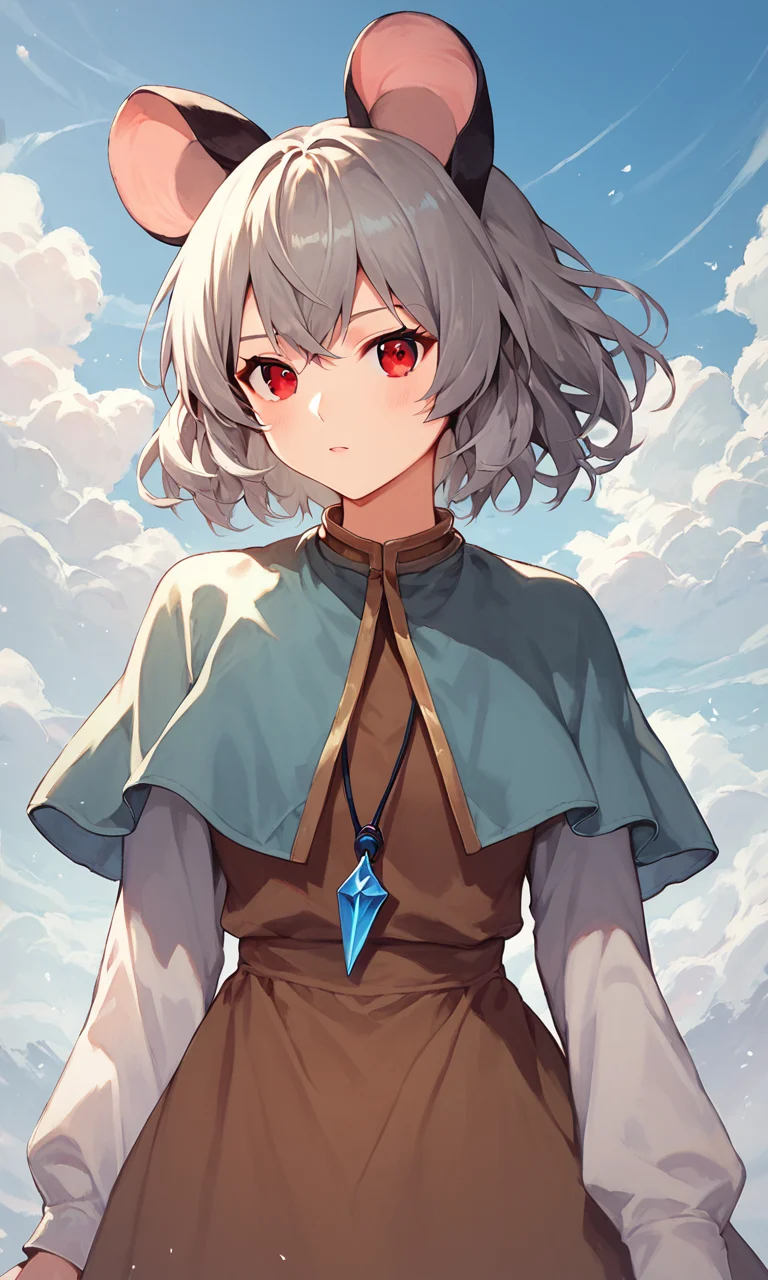 score_9, score_8_up, score_8, score_9, 1 girl, source_anime, nazrin, mouse ears, grey hair, capelet, brown dress, white sleeves, red eyes, pendant, <lora:nazrin_pony-10:1>, detailed background, sky