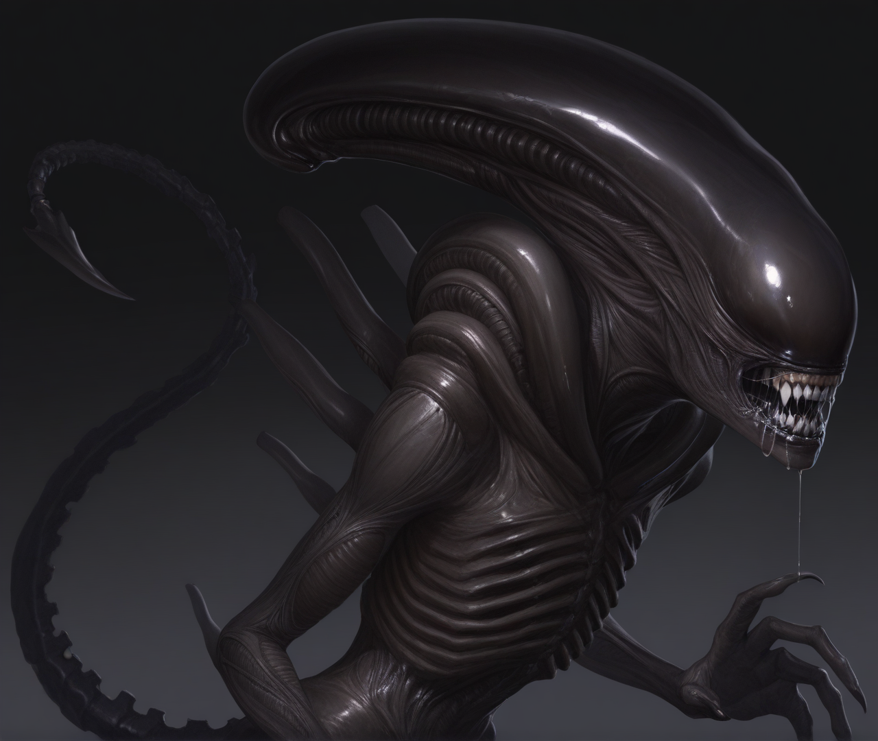 masterpiece, best quality, absurdres, realistic, solo, 1other, <lora:Stellaris:1> st portrait, <lora:Alien_-_Xenomorph_IL:1> alien, xenomorph, sharp teeth, clenched teeth, drooling, saliva, spindly fingers, claws, upper body, tail, hunched over, looking at viewer, simple background, gradient background,