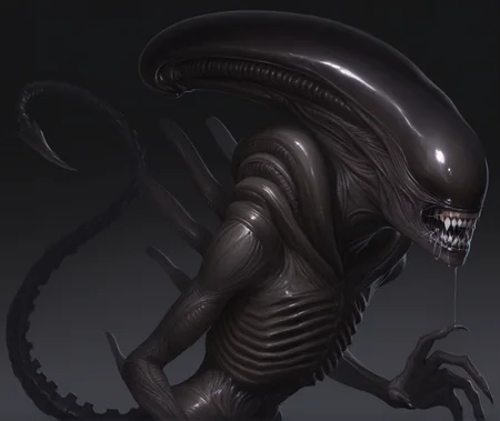 masterpiece, best quality, absurdres, realistic, solo, 1other, <lora:Stellaris:1> st portrait, <lora:Alien_-_Xenomorph_IL:1> alien, xenomorph, sharp teeth, clenched teeth, drooling, saliva, spindly fingers, claws, upper body, tail, hunched over, looking at viewer, simple background, gradient background,