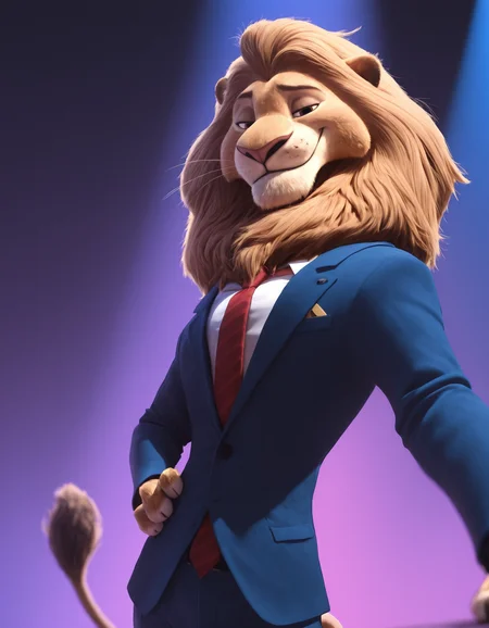 zootopia artstyle,
masterpiece, best quality,
pinup pose, looking at viewer, perfect face, colorful, dramatic angle, unique perspective, unique angle, detailed, intricate details, highres, absurdres, smile, on stage, furry male, solo, lion, lionheart, red necktie, lion tail, whiskers, brown eyes, blue suit, white shirt, brown fur, smug, cowboy shot, closed mouth
<lora:Zootopia_Art_Style_ill_3D:0.95>âââ