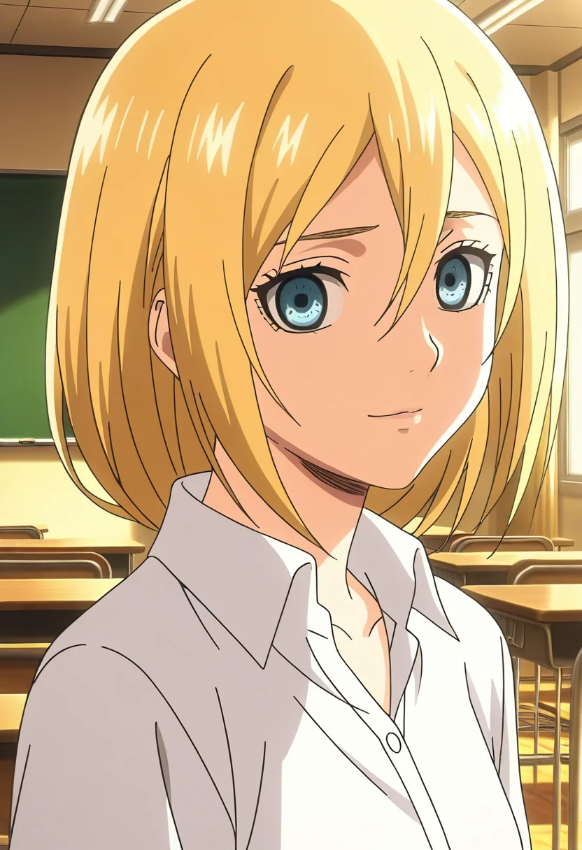 anime screencap,8k, absurd res, 1girl, solo, looking at viewer, short hair, hair betweeen eyes,blonde hair,blue eyes,wearing a school uniform,indoors,detailed background,classroom,christa_renz,upper body,<lora:christa_renz:1>