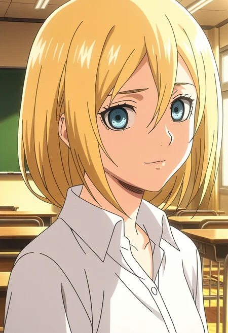 anime screencap,8k, absurd res, 1girl, solo, looking at viewer, short hair, hair betweeen eyes,blonde hair,blue eyes,wearing a school uniform,indoors,detailed background,classroom,christa_renz,upper body,<lora:christa_renz:1>