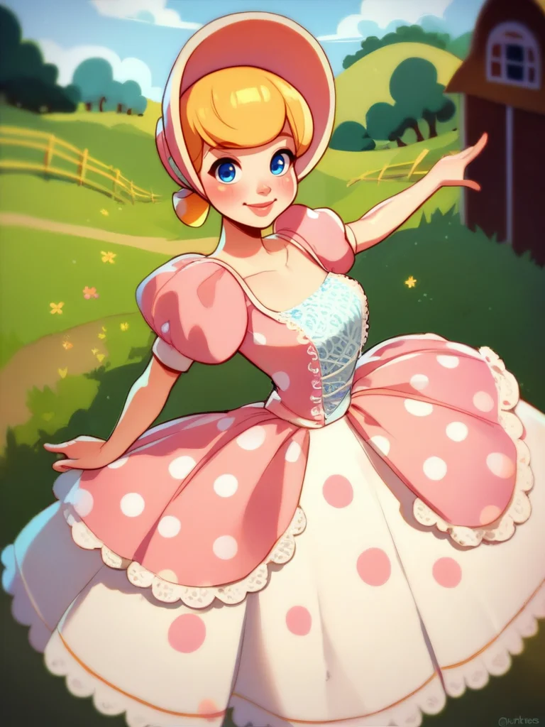 score_9, score_8_up, score_7_up, score_6_up, 1girl, dress, puffy sleeves, bonnet, big skirt, skirt whit polka dot print, short hair, looking at viewer, dynamic angle, cowboy shot, cute, cartoon, epic pose, smile, blush, wide shot, cute eyes, magic vibes, bangs, floating hair, outdoors, detailed background, cinematic, farm,
<lora:BobeepXLP_character:0.8> BobeepXLP