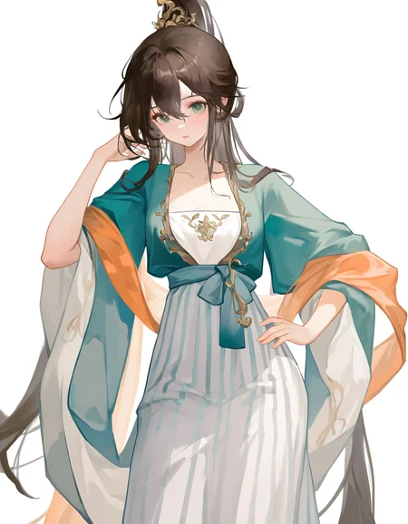 1girl,solo,(white background:1.2),simple background,cowboy shot,sitting,chair,shawl,looking at viewer,standing,<lora:huahuibei-000014>,huahuibei,green eyes,hand on own hip,, masterpiece, best quality, very aesthetic, absurdres,newest, incredibly absurdres,