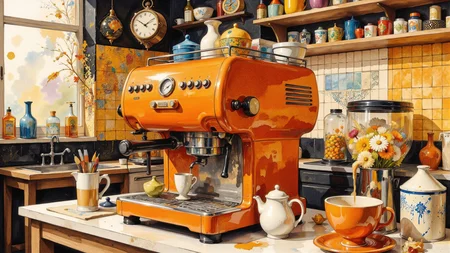 Surrealism themed artwork depicting white-toned orange espresso coffee machine in an Italian kitchen, punk, intricate black and orange ebru, eldritch, billowing bright glitter, very detailed. The overall feel of the image is of clarity and balanced space, with distorted people and items interacting in unusual ways. Additionally the image incorporates elements of mixed media including flowing lines drawn with fine pens and appliqued silverleaf. The general effect is of elaborate surreal and absurdist elements interacting with each other to produce timeless fine art elegance. <lora:Paper_Marbling_Flux:0.5> <lora:Eldritch_Watercolor_for_Flux:0.5> <lora:midjourney_whisper_chromaplex_v1:0.4> <lora:Eldritch_Paint_Sketch_for_Flux_1.0.5:0.4> <lora:FLUX.1-DEV_-_Decadence_Art_style_LoRA:0.5>