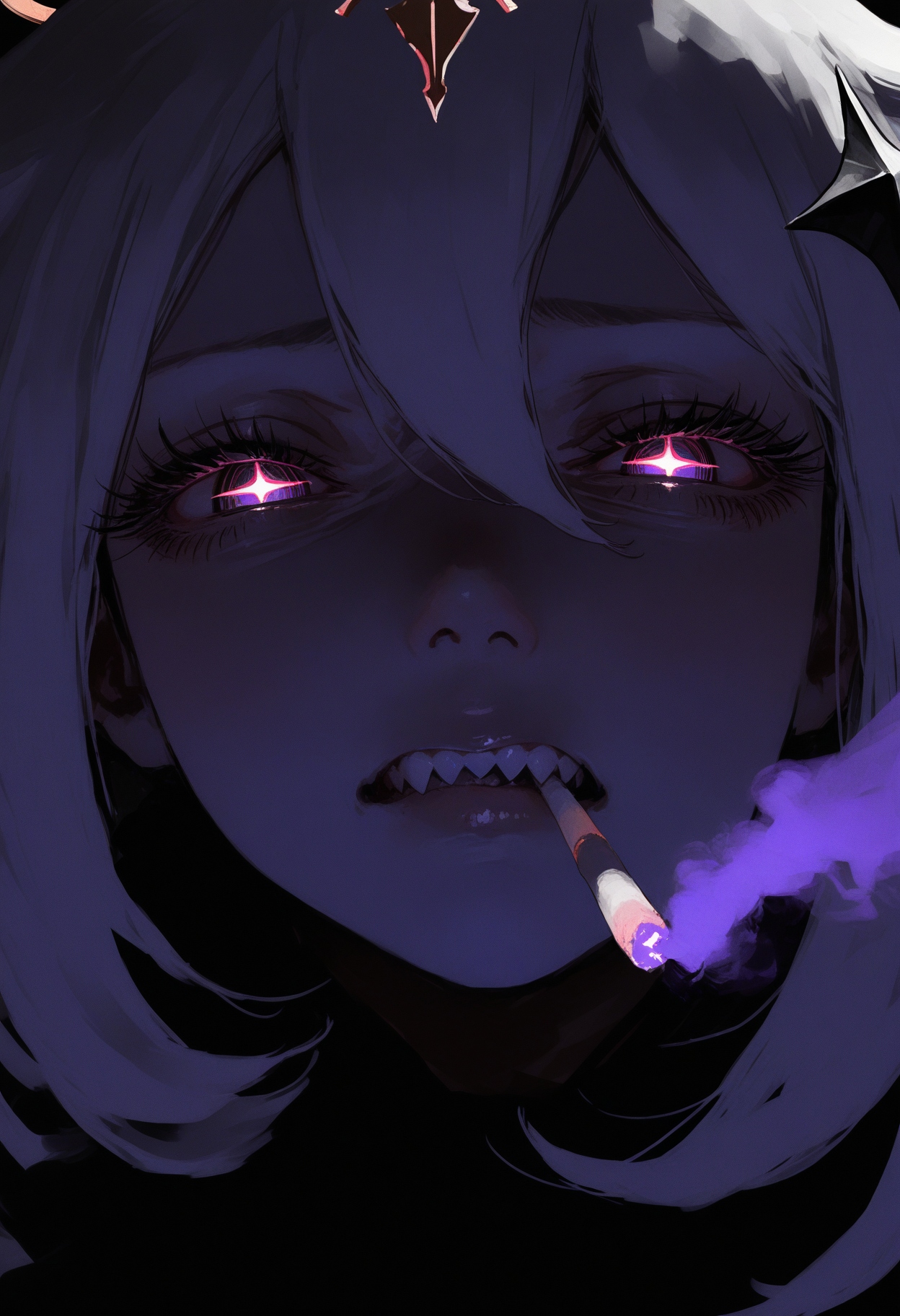(by maegami /(daisuki oekaki1/):1.3), (by 96yottea:1.1), painterly, (by misawa hiroshi:0.8), film grain, cinematic, (limited palette:1.2), realistic, nose, lips,
masterpiece, best quality, amazing quality, very aesthetic,
looking at viewer, staring, (disgust:1.2), paimon \(genshin impact\), solo, 1girl, close-up, perspective, :|, mouth hold cigarette, smoking, smoke, (sharp teeth:1.2), half-closed eyes, + +, wide oval eyes, long eyelashes, thick eyelashes, black eyeliner, detailed background, outdoors, night, (dark glowing violet theme:1.2), 
<lora:nhl-001-20:0.75> nhl-001