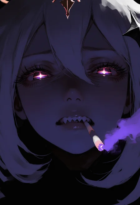 (by maegami /(daisuki oekaki1/):1.3), (by 96yottea:1.1), painterly, (by misawa hiroshi:0.8), film grain, cinematic, (limited palette:1.2), realistic, nose, lips,
masterpiece, best quality, amazing quality, very aesthetic,
looking at viewer, staring, (disgust:1.2), paimon \(genshin impact\), solo, 1girl, close-up, perspective, :|, mouth hold cigarette, smoking, smoke, (sharp teeth:1.2), half-closed eyes, + +, wide oval eyes, long eyelashes, thick eyelashes, black eyeliner, detailed background, outdoors, night, (dark glowing violet theme:1.2),
<lora:nhl-001-20:0.75> nhl-001