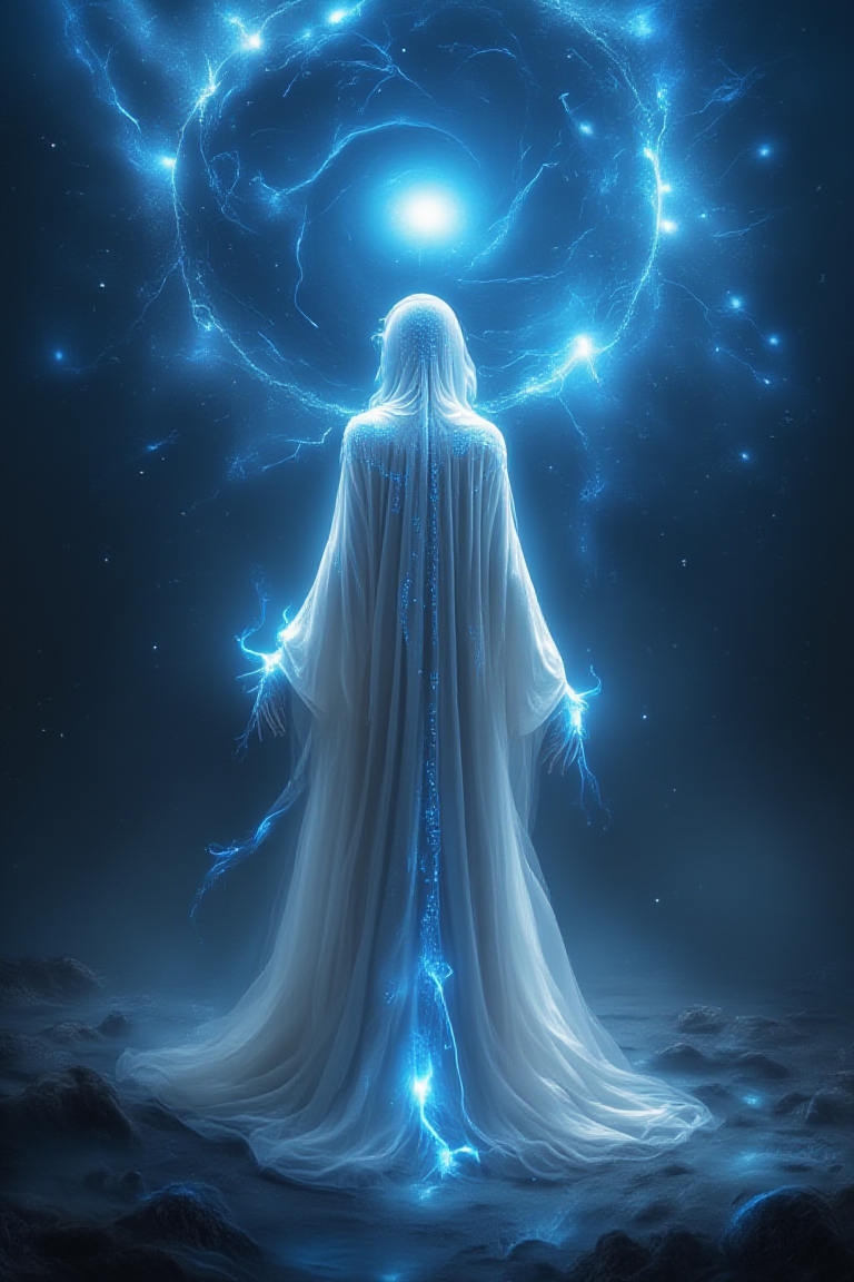Abstract Lighting Effects, Hyperrealism, Midjourney Style, Photorealism, Cinematic, High Fidelity, Realism, Light Play,
estanlishing shot of white alien floating though space, from behind, wearing a long flowing tie dye robe adorned with intricate patterns, wandering sage, starry galaxy,huge blue neutron star, soft ethereal light, 






