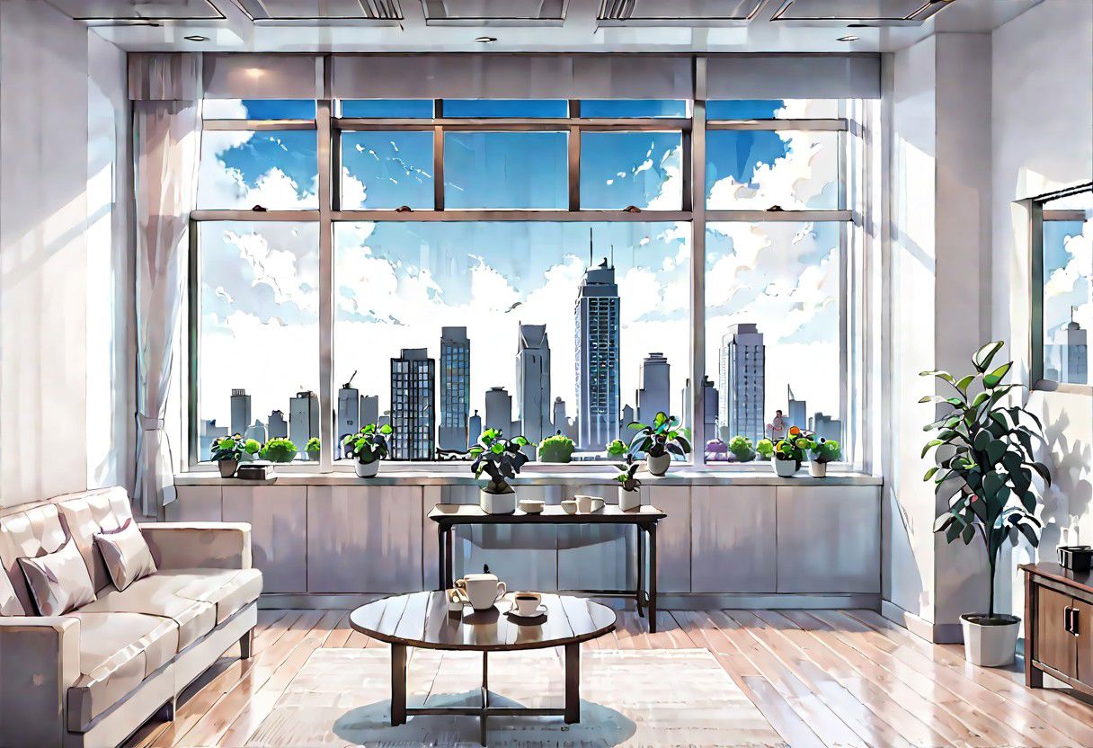 ((((front view)))), Shallow scene, ((animation style)), (((City high-rise building scenery))), ((((City scenery outside the window)))), (Facing the window), (open window), modern-style interior, Wooden floor, with white walls, (large windows), a living room, sofa and coffee table by the window sill,  Sofa placed horizontally, (Behind the sofa is the window sill), noon, clear sky, low saturation