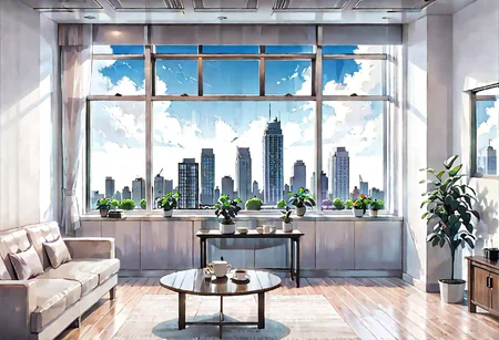 ((((front view)))), Shallow scene, ((animation style)), (((City high-rise building scenery))), ((((City scenery outside the window)))), (Facing the window), (open window), modern-style interior, Wooden floor, with white walls, (large windows), a living room, sofa and coffee table by the window sill,  Sofa placed horizontally, (Behind the sofa is the window sill), noon, clear sky, low saturation