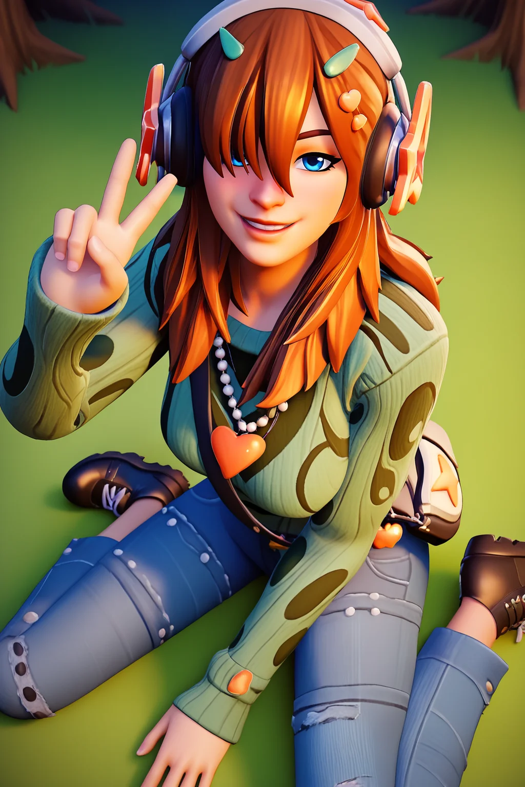 score_9, score_8_up, score_7_up, score_6_up, BREAK, PJFOPXL, blue eyes, brown hair, long hair, hair over one eye, hair ornament, headphones, medium breasts, necklace, green sweater, long sleeves, bag, denim pants, black shoes, solo, sitting, above view, peace sign, seductive smile, looking at viewer, naughty face, nose blush, forest <lora:PJFOPXL_r2:1>