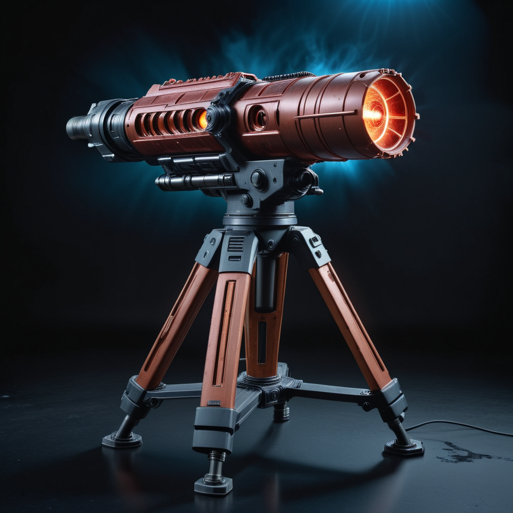 photo focus on military heavy weapon gatling plasma laser ,  view, with tripod stand, boxy design, from above, science fiction, glowing cyberpunk, translucent, <lora:IteMaker-v1e3:1>, black background, red theme  , film, professional, 4k, highly detailed, grit, (rust:0.65), cracks, cracked surface, subtle messy, dust, weary, edges rusty dusty, surface scratches, peeled sun bleeched paint, smudges, crumbles, rugged, used
