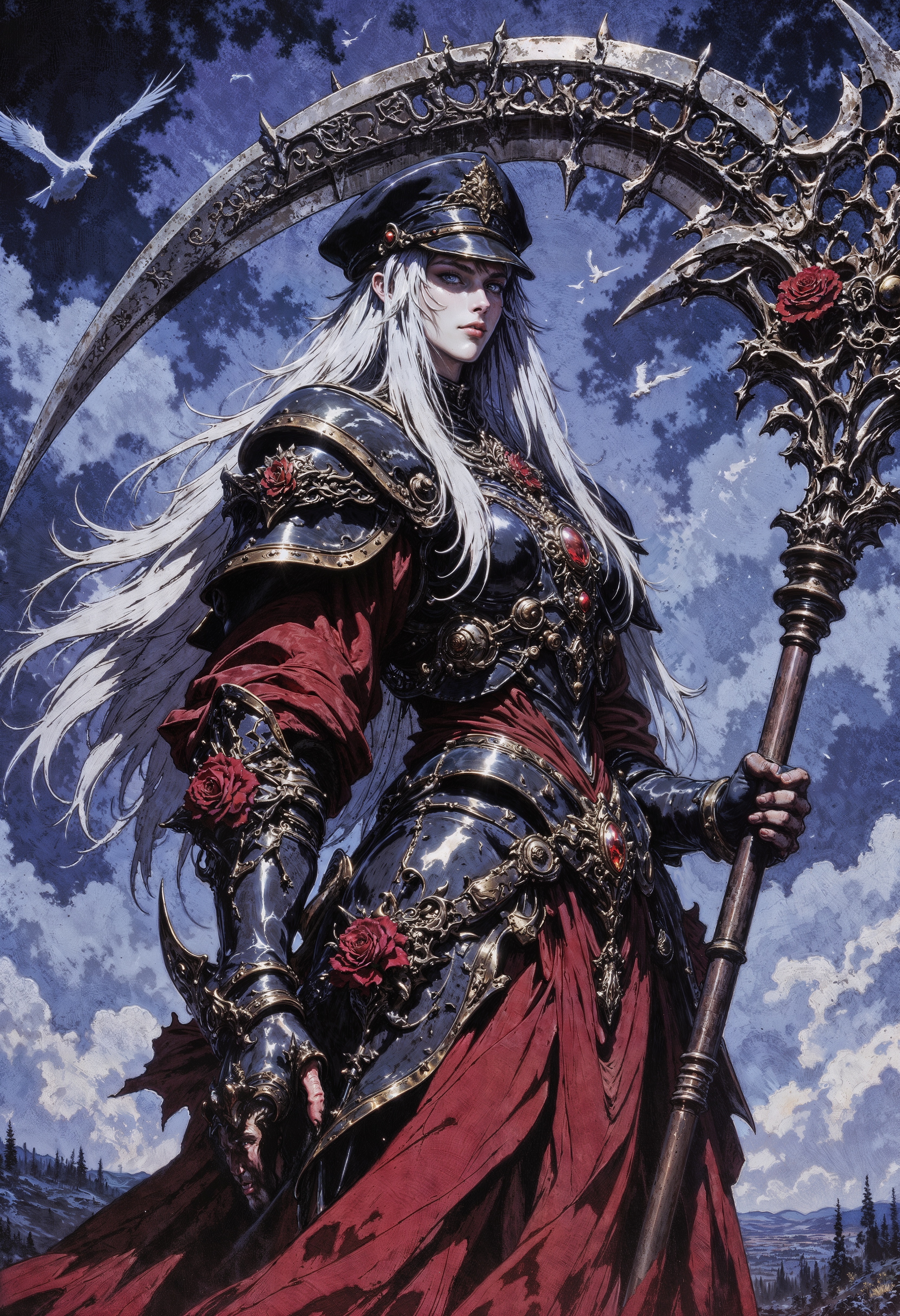 a stylized, fantasy female character set against a dramatic sky. The character is a tall, armored figure with pale skin, wearing an elaborate outfit adorned with red roses and intricate metallic details. They hold an enormous, ornate scythe with elaborate engravings and a dark, metallic finish. The character's long, white hair flows beneath a dark, military-style cap. The background is a moody, cloudy sky with silhouettes of birds in flight, adding to the dramatic atmosphere. The lower part of the image shows a distant, indistinct landscape. The overall color palette is dominated by shades of blue, red, and metallic silver, creating a striking contrast.