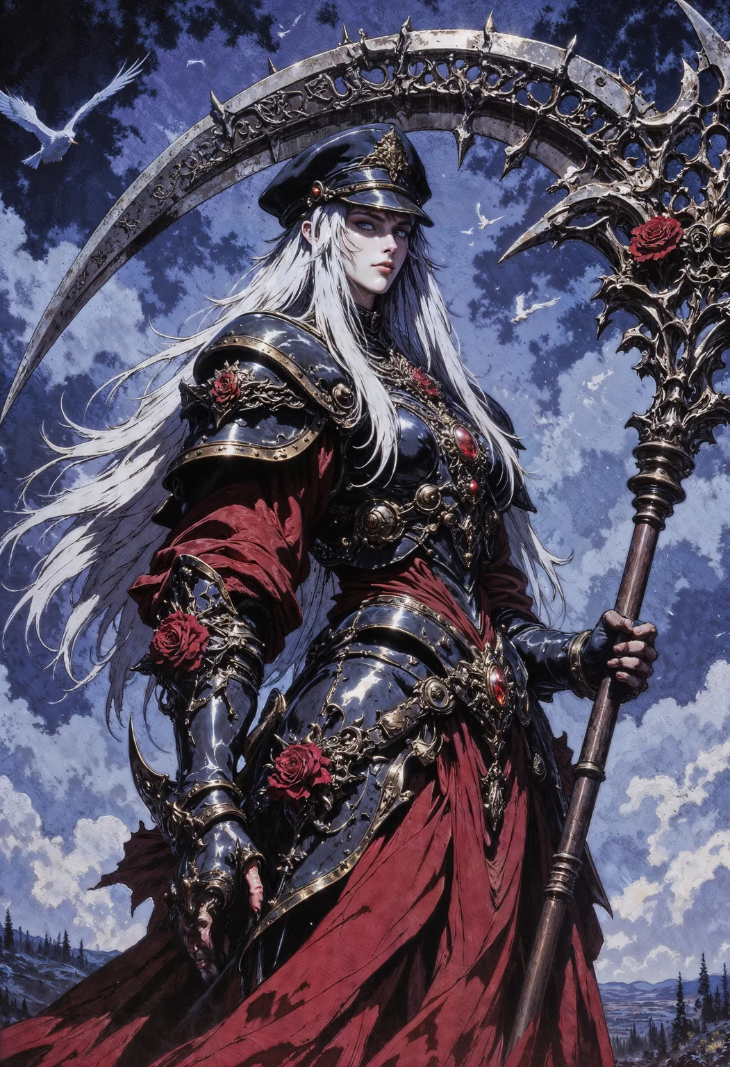 a stylized, fantasy female character set against a dramatic sky. The character is a tall, armored figure with pale skin, wearing an elaborate outfit adorned with red roses and intricate metallic details. They hold an enormous, ornate scythe with elaborate engravings and a dark, metallic finish. The character's long, white hair flows beneath a dark, military-style cap. The background is a moody, cloudy sky with silhouettes of birds in flight, adding to the dramatic atmosphere. The lower part of the image shows a distant, indistinct landscape. The overall color palette is dominated by shades of blue, red, and metallic silver, creating a striking contrast.