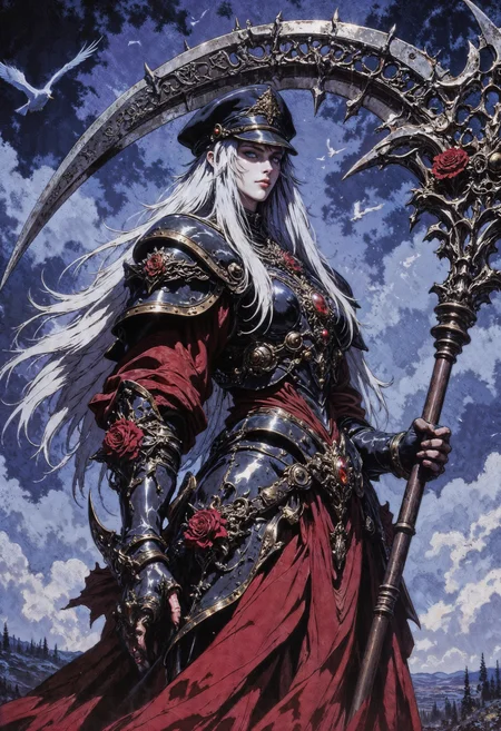 a stylized, fantasy female character set against a dramatic sky. The character is a tall, armored figure with pale skin, wearing an elaborate outfit adorned with red roses and intricate metallic details. They hold an enormous, ornate scythe with elaborate engravings and a dark, metallic finish. The character's long, white hair flows beneath a dark, military-style cap. The background is a moody, cloudy sky with silhouettes of birds in flight, adding to the dramatic atmosphere. The lower part of the image shows a distant, indistinct landscape. The overall color palette is dominated by shades of blue, red, and metallic silver, creating a striking contrast.