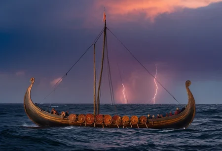 viking ship in front of the sunset, setting on the horizon, (one translucent square sail), men on board, oar, round shields on the side, (dragon head on the bow), crashing waves, rough seas, warm orange and pink hues casting a beautiful glow, cinematic lighting, ethereal atmosphere, subsurface scattering, sss, translucent, landscape, along the coastline of iceland), (smoke, volumetric fog), stormfront and (lightning in the distance:1.2), (illumination, insane, stunning, dramatic, completed artwork), perfect vivid gradient colors, a finished masterpiece of art, Masterpiece, Highly Detailed, Ultra-Detailed, Cinematic Lighting, Hdr, Sharp Focus, <lora:Viking_Ship:1>, <lora:sss:0.8>