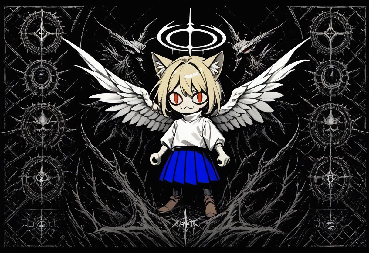 score_9, score_8_up, score_7_up, score_6_up, score_5_up, score_4_up, rating_safe,necoarc,blonde hair, red eyes, slit pupils, cat ears, :3, chibi,turtleneck, white shirt, blue skirt, pleated skirt, pantyhose, brown footwear,greyscale, monochrome, limited palette, horror (theme),angel wings,halo,abyss,hell