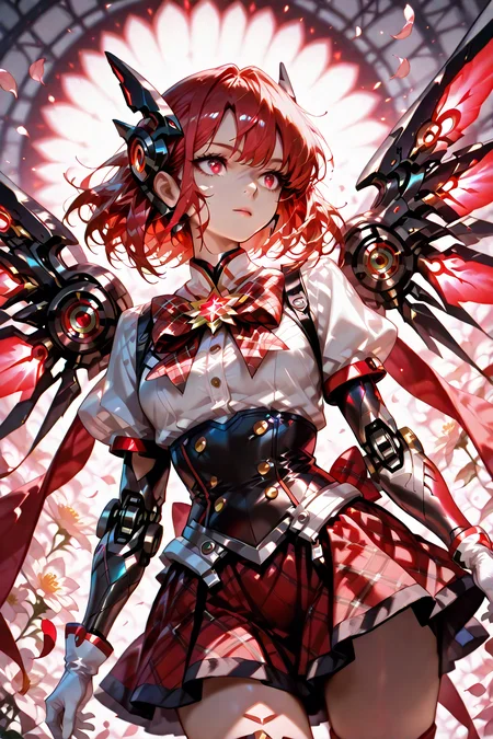 magical girl outfit, Jed-rbt, magical girl, 1girl, dynamic angle, score_9, score_8_up, score_7_up,source_anime, RED hair, magical girl made of silver and red glow, head gear, robot ears, bright red energy, cyborg girl, white gloves, mechanical arm, buttons, skirt, plaid bow, mechanical wings, Depth of field, cinematic shadows, sharp focus, dynamic lighting, star, [(bloom background:1.2)::0.2], (petal background:1.2), masterpiece, best quality, amazing quality, very aesthetic, absurdres, newest, detailed eyes, <lora:magical-girl-outfit-il-01:1> <lora:RoboStyle:1> <lora:Anime_Style_For_Pony:1> <lora:ponyv4_noob1_2_adamW:1> <lora:reij-rt:1>