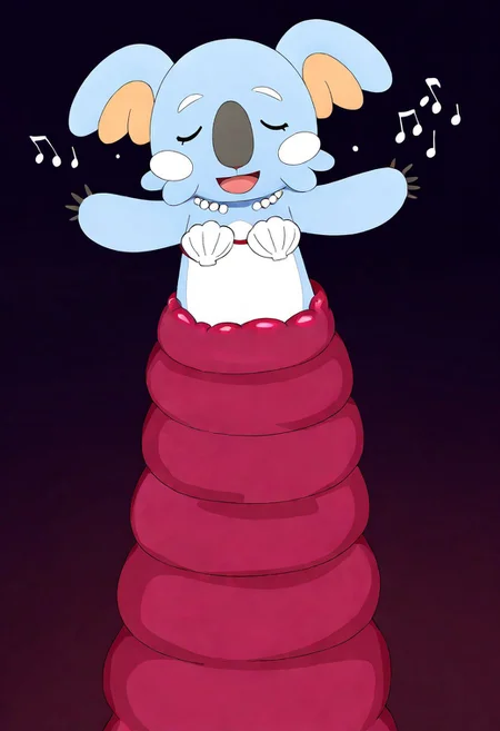 <lora:vore_lower_body-2-000005:1>, source_anime, anime coloring, simple background, detailed eyes, vore, full body, giant worm vore, red eyes, no legs visible, arms out, arms open, eyes closed, singing, music notes, shell bikini, Komala /(pokemon)/, upper body exposed only