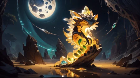 (masterpiece, best quality, fullscreen), [(full body:1.0)::0.2] portrait (photo of a Average [magical being:creature:0.6] made of yellow sand:1.2), (glowing Tourmaline eyes:1.2), (Cracked Topaz [stone, mud] skin:1.4), (some Resplendent raw giant Tourmaline:1.3), (mud Enchantress Stole :1.2), (Centaure body shape:1), (Shark head:1.2), (two Five-Fingered Hands:1.4), (Snake Teeth:1.2), <lora:EFFECT emerald-gem-style-darquelilly-v2:0.2> emeraldgemstyle, <lora:MONSTER CuteCreatures:0.4> Cu73Cre4ture, (background outdoor among sand with Enchanted Moonlight and Rock Formation and Chert:1.2), (sandy floor), (Halo lighting:1.2), <lora:BACKGROUND DonMFr4ck7ur3dUnd3rw0rld-000009:0.2> DonMFr4ck7ur3dUnd3rw0rld, , , (look at the viewer:1.1), , <lora:SLIDER weight_slider_v2:-0.5>, <lora:EFFECT Unleashed_V1.5_prunned:0.4>, <lora:LIGHT nLoRA:0.3> dark theme, <lora:QUALITY add_detail:0.4>, <lora:QUALITY kkw-better-v1.0a:0.2>, <lora:QUALITY BG2_dpep4+silicon29dim64:0.5>, (Full body Shot, Shallow Focus Shot, Low Angle Shot:[1.2:0.5:0.1]), heavily detailed, gloomy, magical, stygical, , (sharp focus), <lora:EFFECT Magic card fakemtg_label:1> fakemtg, (no humans), tricate, elegant, highly detailed, digital painting, artstation, concept art, smooth, sharp focus, illustration, art by artgerm and greg rutkowski and alphonse mucha and william - adolphe bouguereau