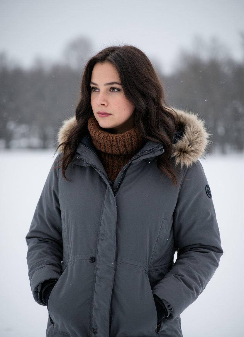 SFW, The image is a portrait of a woman standing in a snowy landscape. She is wearing a gray puffer jacket with a fur hood and a brown scarf around her neck. Her e hair is styled in loose waves and she is looking off to the side with a serious expression on her face. The background is blurred, but it appears to be a snowy field with trees in the distance. The overall mood of the image is cold and wintery., aidmaimageupgrader<lora:flux\custom\celebrity\lisa-synder.safetensors:1.0:1.0> <lora:turbo-8-step-flux.safetensors:0.5:0.5> <lora:flux\style\Common\aidmaImageUprader-FLUX-v0.3.safetensors:0.25:0.25>