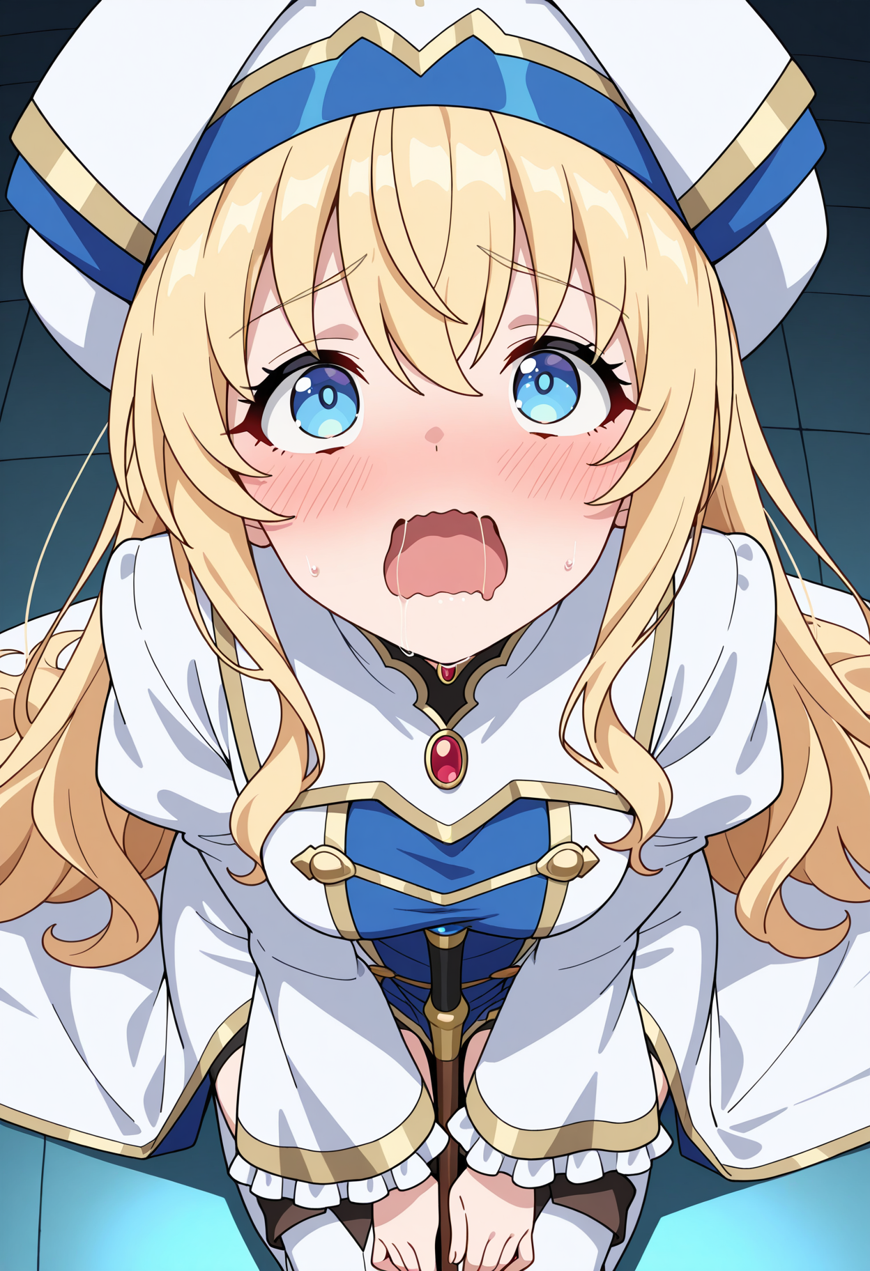 masterpiece, best quality, high resolution, source_anime, highly detailed illustration, detailed eyes,
very aesthetic, absurdres, newest, amazing quality,
1girl, solo, anime screencap, anime coloring, 
<lora:shiPriestessV1ill:1>, shigoblitessrng, long hair, very long hair, blonde hair, hair between eyes, white headwear, cleric headdress, blue eyes, 
long sleeves, wide sleeves, puffy sleeves, frilled sleeves, juliet sleeves, white dress, frills, medium breasts, staff between legs, riding staff, between legs, 
white thighhighs, thigh boots, white footwear, 
looking at viewer, female orgasm, open mouth, saliva, kneeling, seiza, looking up, blush, shy, wavy mouth,