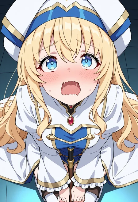 masterpiece, best quality, high resolution, source_anime, highly detailed illustration, detailed eyes,
very aesthetic, absurdres, newest, amazing quality,
1girl, solo, anime screencap, anime coloring,
<lora:shiPriestessV1ill:1>, shigoblitessrng, long hair, very long hair, blonde hair, hair between eyes, white headwear, cleric headdress, blue eyes,
long sleeves, wide sleeves, puffy sleeves, frilled sleeves, juliet sleeves, white dress, frills, medium breasts, staff between legs, riding staff, between legs,
white thighhighs, thigh boots, white footwear,
looking at viewer, female orgasm, open mouth, saliva, kneeling, seiza, looking up, blush, shy, wavy mouth,