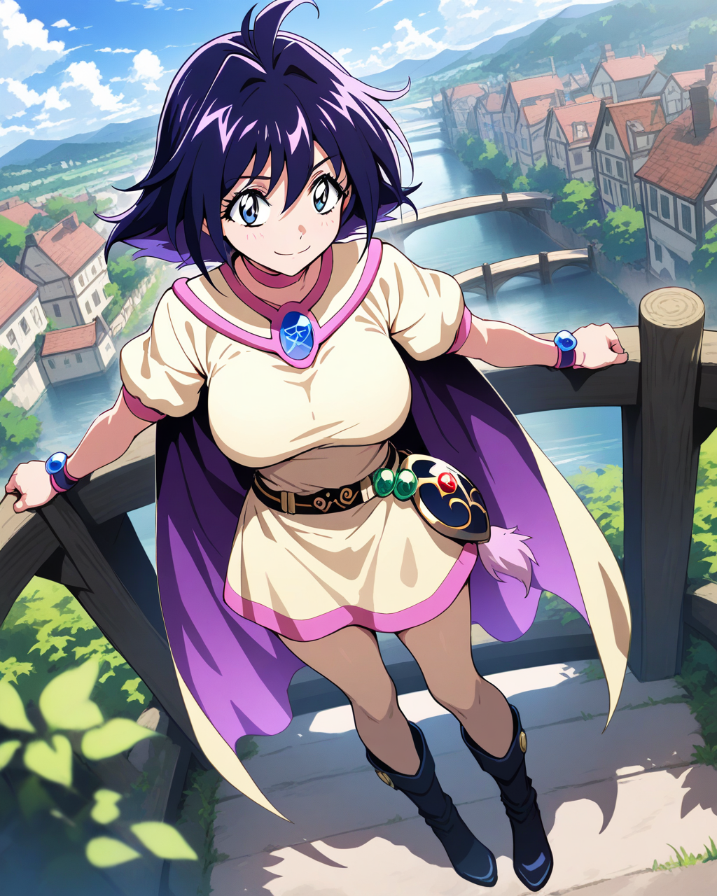 1girl,
AmeliaSlayers,
safe, solo, dutch angle, wide shot,
short hair, black hair, colored inner hair, blue hair,
blue hair,
light smile,
pink choker, pentacle, 
standing, 
multicolored cape, brooch, pentagram,
taut clothes,
short sleeves, bracelet,
large breasts,
belt, 
boots,
outdoors, medieval, bridge,
depth of field,
<lora:kp_AmeliaSlayersAnimagineXL_v1_0:1.0>
masterpiece, high score, great score, absurdres
