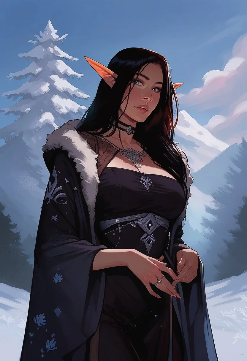 score_9, score_8_up, score_7_up, western cartoon, elf, long ears, elven sorceress, Asian, skinny, black hair, source-fantasy, jewelry, female focus, black choker, eyeshadow, detailed face, textured skin, masterpiece, black robe dress, black fur, fur-lined robe, black gloves, mature woman, snowy field, cloudy, snowy landscape, outdoors,